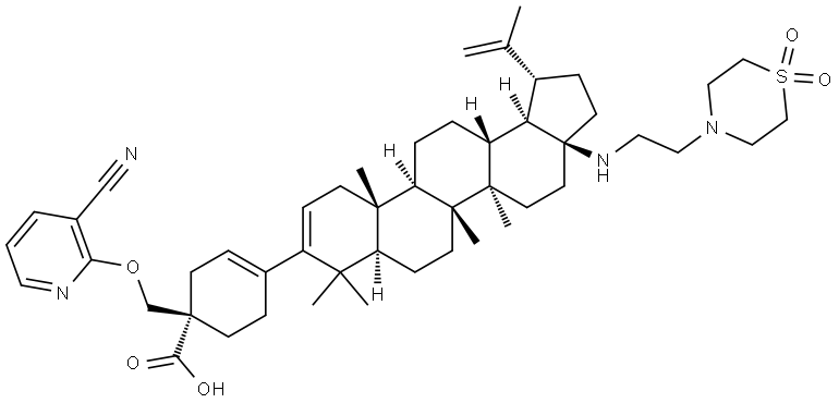 3-Cyclohexene-1-carboxylic acid, 1-[[(3-cyano-2-pyridinyl)oxy]methyl]-4-[17-[[2-(1,1-dioxido-4-thiomorpholinyl)ethyl]amino]-28-norlupa-2,20(29)-dien-3-yl]-, (1S)- 结构式