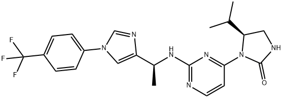 2-Imidazolidinone, 5-(1-methylethyl)-1-[2-[[(1S)-1-[1-[4-(trifluoromethyl)phenyl]-1H-imidazol-4-yl]ethyl]amino]-4-pyrimidinyl]-, (5S)- 结构式
