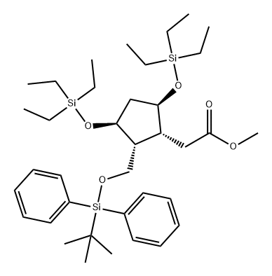 Cyclopentaneacetic acid, 2-[[[(1,1-dimethylethyl)diphenylsilyl]oxy]methyl]-3,5-bis[(triethylsilyl)oxy]-, methyl ester, (1R,2R,3S,5R)- 结构式