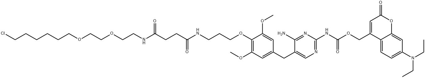 Carbamic acid, N-[4-amino-5-[[4-[(21-chloro-5,8-dioxo-12,15-dioxa-4,9-diazaheneicos-1-yl)oxy]-3,5-dimethoxyphenyl]methyl]-2-pyrimidinyl]-, [7-(diethylamino)-2-oxo-2H-1-benzopyran-4-yl]methyl ester 结构式