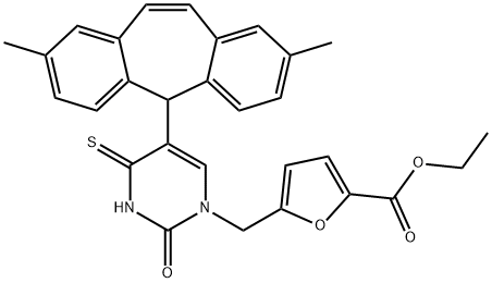 2-Furancarboxylic acid, 5-[[5-(2,8-dimethyl-5H-dibenzo[a,d]cyclohepten-5-yl)-3,4-dihydro-2-oxo-4-thioxo-1(2H)-pyrimidinyl]methyl]-, ethyl ester 结构式