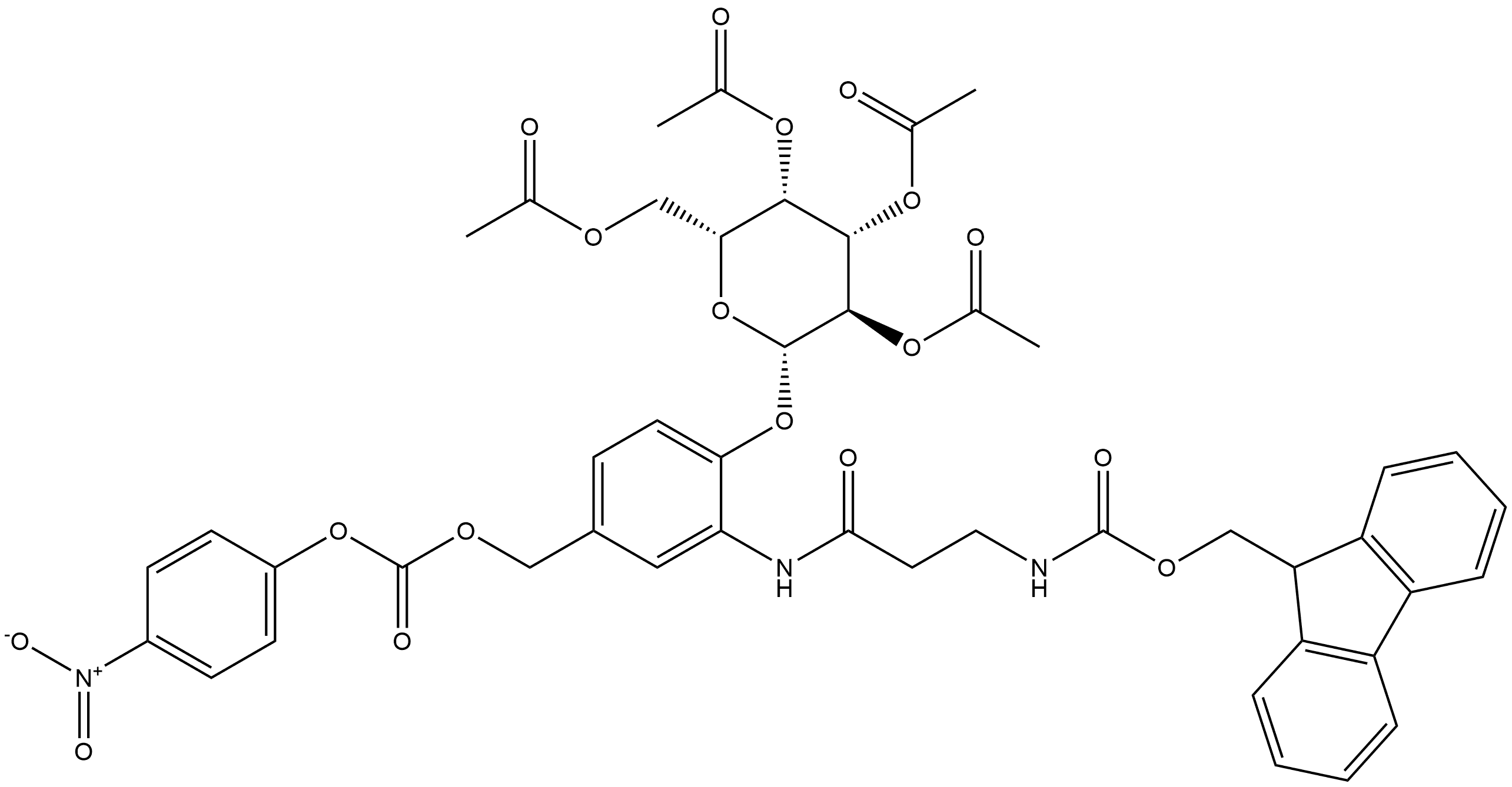 Carbamic acid, N-[3-[[5-[[[(4-nitrophenoxy)carbonyl]oxy]methyl]-2-[(2,3,4,6-tetra-O-acetyl-β-D-galactopyranosyl)oxy]phenyl]amino]-3-oxopropyl]-, 9H-fluoren-9-ylmethyl ester 结构式