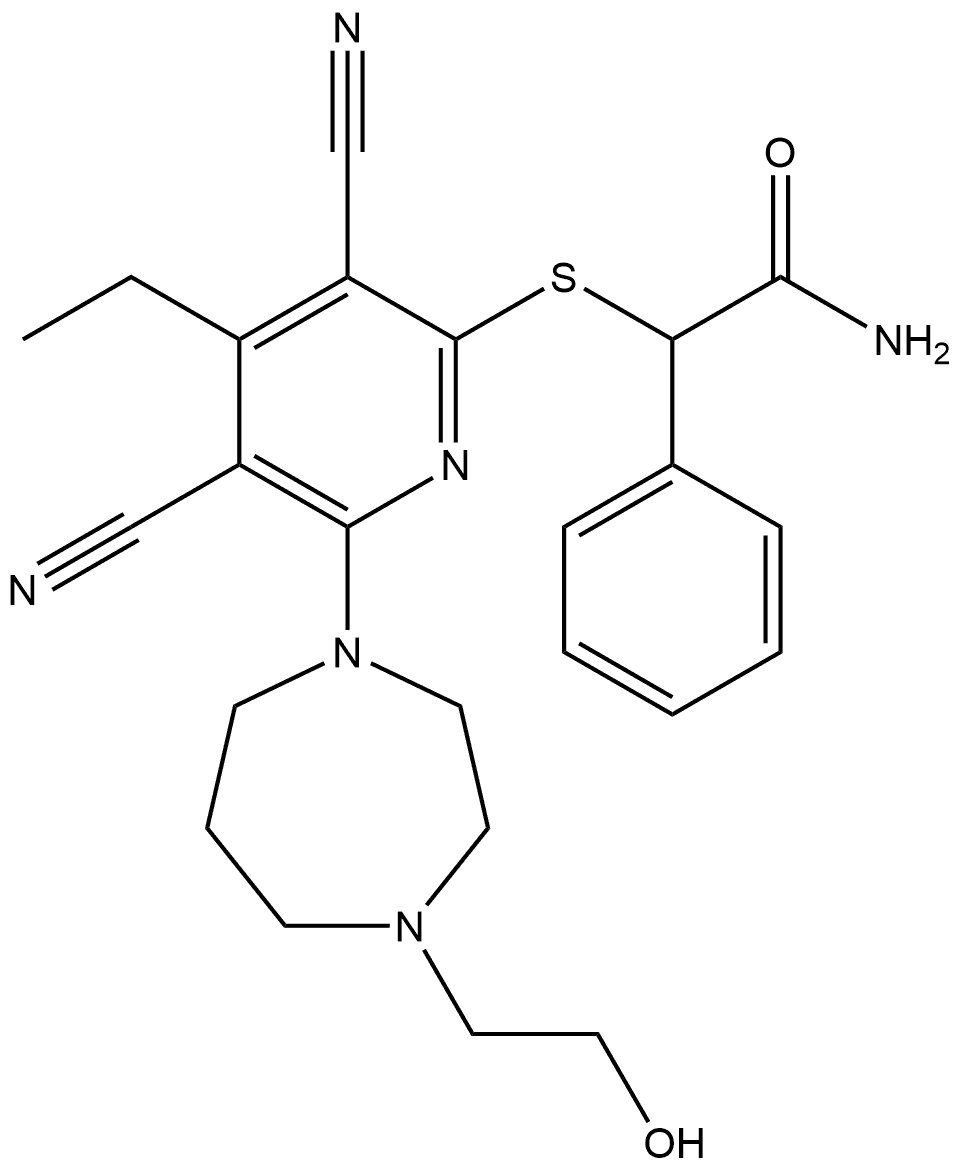 α-[[3,5-Dicyano-4-ethyl-6-[hexahydro-4-(2-hydroxyethyl)-1H-1,4-diazepin-1-yl]-2-pyridinyl]thio]benzeneacetamide 结构式