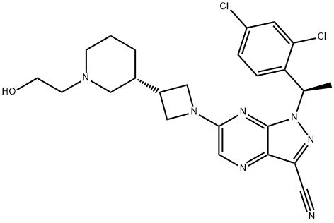1H-Pyrazolo[3,4-b]pyrazine-3-carbonitrile, 1-[(1R)-1-(2,4-dichlorophenyl)ethyl]-6-[3-[(3R)-1-(2-hydroxyethyl)-3-piperidinyl]-1-azetidinyl]- 结构式