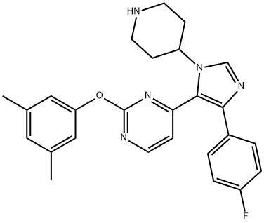 Pyrimidine, 2-(3,5-dimethylphenoxy)-4-[4-(4-fluorophenyl)-1-(4-piperidinyl)-1H-imidazol-5-yl]- 结构式