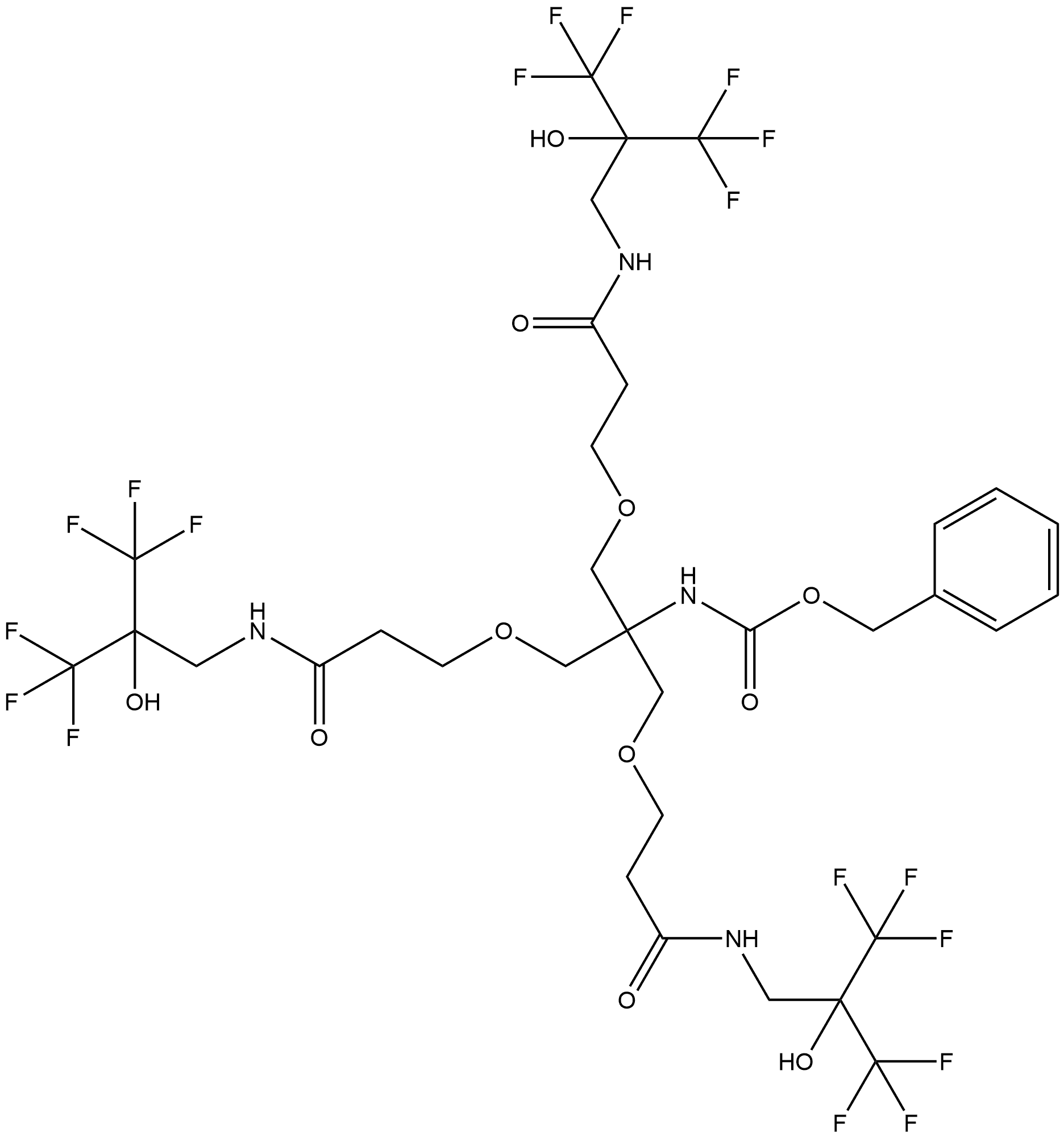 2-[3-oxo-3-[[3,3,3-trifluoro-2-hydroxy-2-(trifluoromethyl)propyl]amino]propoxy]-1,1-bis[[3-oxo-3-[[3,3,3-trifluoro-2-hydroxy-2-(trifluoromethyl)propyl]amino]propoxy]methyl]ethyl]-Carbamic acid phenylmethyl ester 结构式