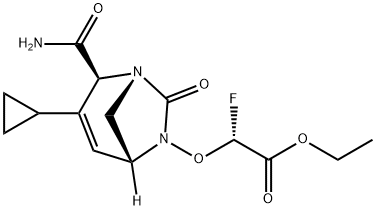 Acetic acid, 2-[[(1R,2S,5R)-2-(aminocarbonyl)-
3-cyclopropyl-7-oxo-1,6-diazabicyclo[3.2.1]
oct-3-en-6-yl]oxy]-2-fluoro-, ethyl ester, (2R)- 结构式