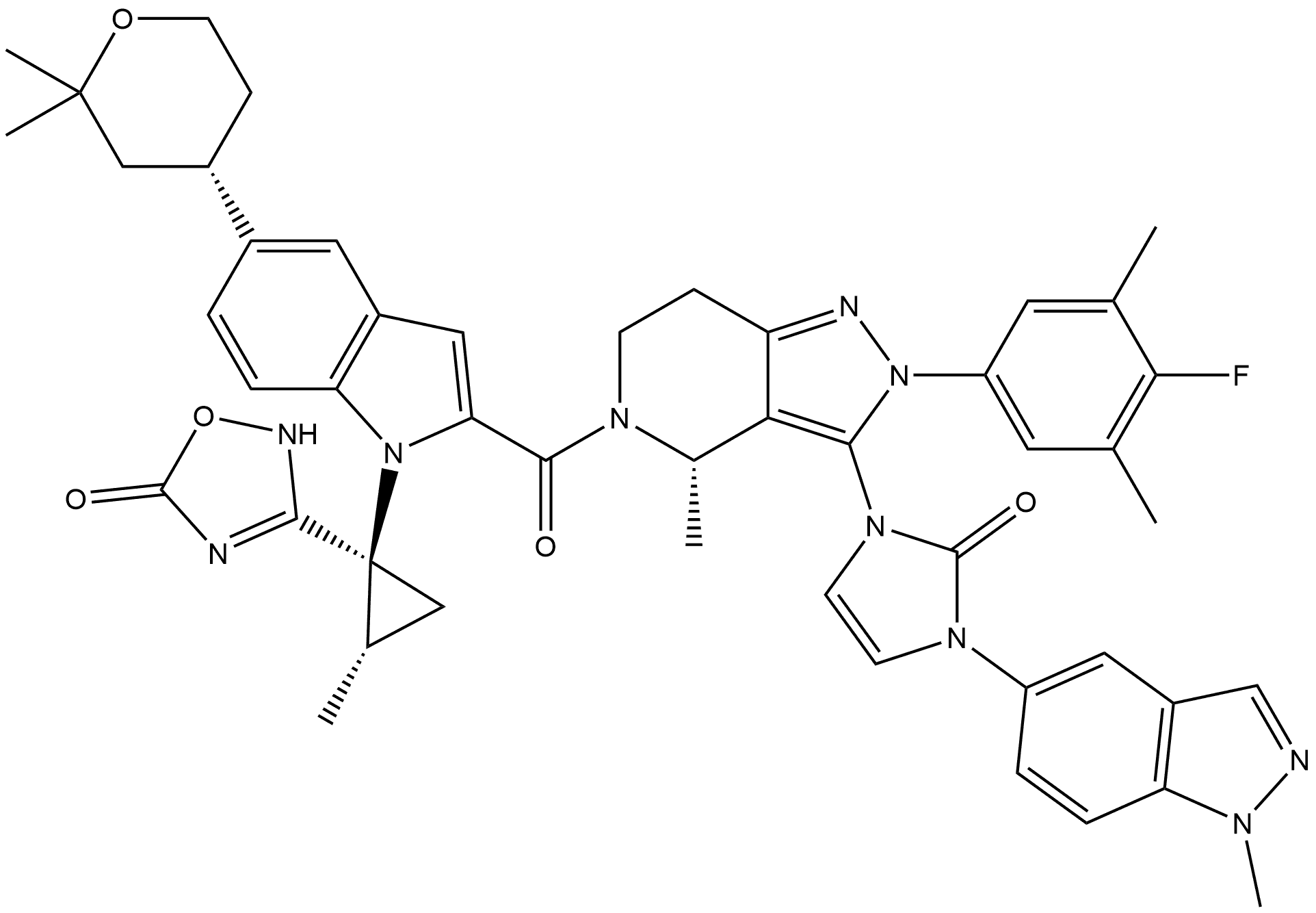 3-[(1S,2S)-1-[2-[[(4S)-3-[2,3-Dihydro-3-(1-methyl-1H-indazol-5-yl)-2-oxo-1H-imidazol-1-yl]-2-(4-fluoro-3,5-dimethylphenyl)-2,4,6,7-tetrahydro-4-methyl-5H-pyrazolo[4,3-c]pyridin-5-yl]carbonyl]-5-[(4S)-tetrahydro-2,2-dimethyl-2H-pyran-4-yl]-1H-indol-1-yl]-2-methylcyclopropyl]-1,2,4-oxadiazol-5(2H)-one 结构式