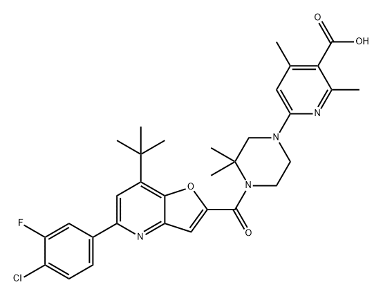 3-Pyridinecarboxylic acid, 6-[4-[[5-(4-chloro-3-fluorophenyl)-7-(1,1-dimethylethyl)furo[3,2-b]pyridin-2-yl]carbonyl]-3,3-dimethyl-1-piperazinyl]-2,4-dimethyl- 结构式