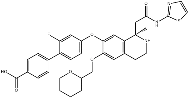 [1,1'-Biphenyl]-4-carboxylic acid, 2'-fluoro-4'-[[(1R)-1,2,3,4-tetrahydro-1-methyl-1-[2-oxo-2-(2-thiazolylamino)ethyl]-6-[(tetrahydro-2H-pyran-2-yl)methoxy]-7-isoquinolinyl]oxy]- 结构式