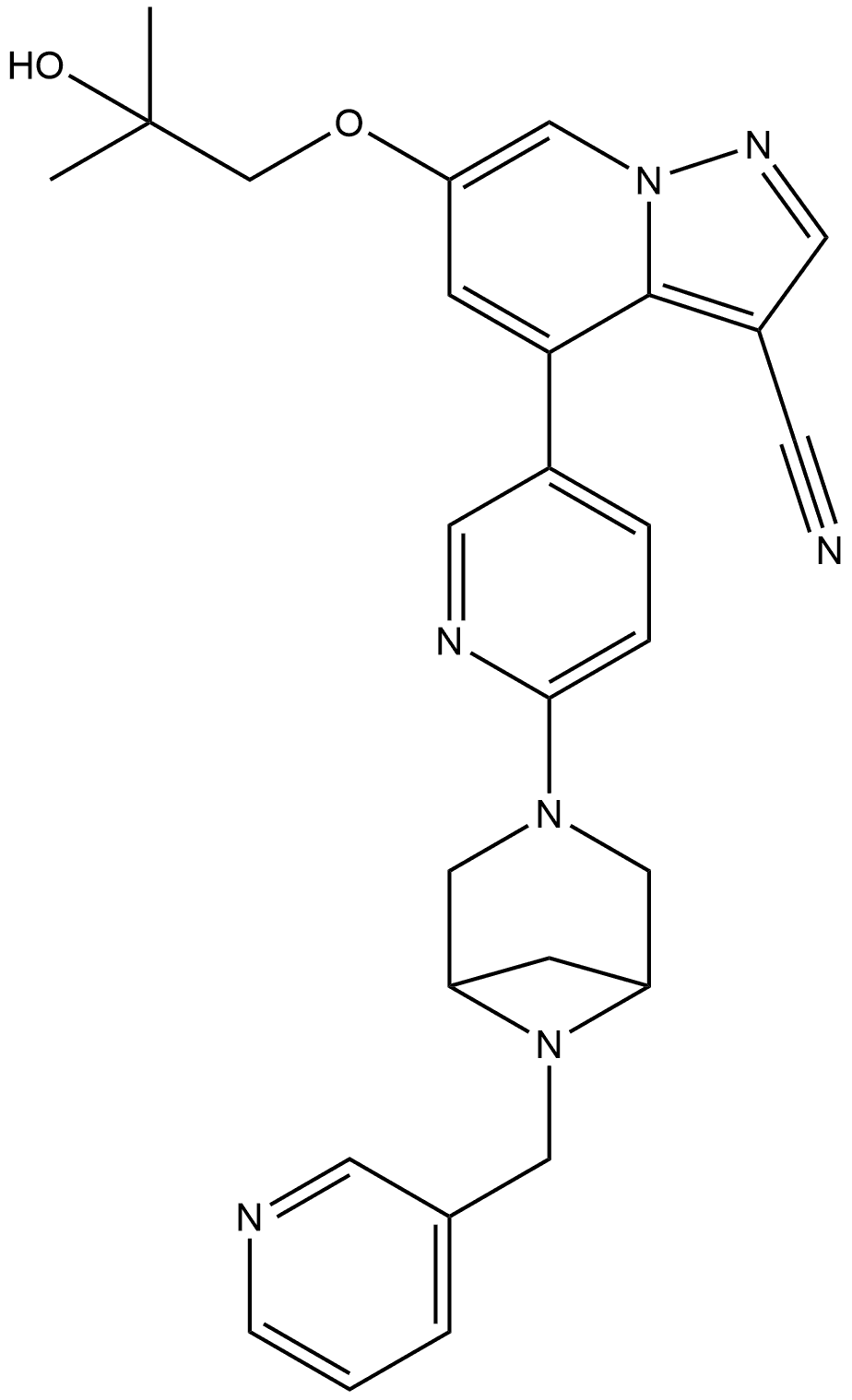 Pyrazolo[1,5-a]pyridine-3-carbonitrile, 6-(2-hydroxy-2-methylpropoxy)-4-[6-[6-(3-pyridinylmethyl)-3,6-diazabicyclo[3.1.1]hept-3-yl]-3-pyridinyl]- 结构式