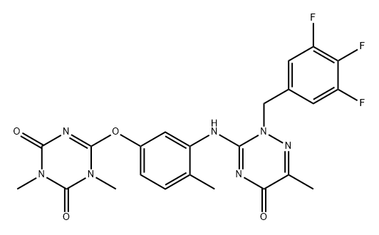 1,3,5-Triazine-2,4(1H,3H)-dione, 6-[3-[[2,5-dihydro-6-methyl-5-oxo-2-[(3,4,5-trifluorophenyl)methyl]-1,2,4-triazin-3-yl]amino]-4-methylphenoxy]-1,3-dimethyl- 结构式