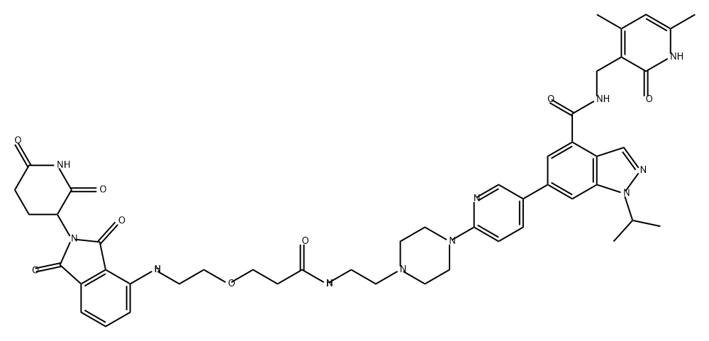 1H-Indazole-4-carboxamide, N-[(1,2-dihydro-4,6-dimethyl-2-oxo-3-pyridinyl)methyl]-6-[6-[4-[2-[[3-[2-[[2-(2,6-dioxo-3-piperidinyl)-2,3-dihydro-1,3-dioxo-1H-isoindol-4-yl]amino]ethoxy]-1-oxopropyl]amino]ethyl]-1-piperazinyl]-3-pyridinyl]-1-(1-methylethyl)- 结构式