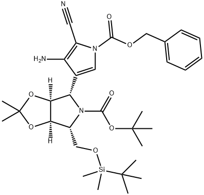 5H-1,3-Dioxolo4,5-cpyrrole-5-carboxylic acid, 4-4-amino-5-cyano-1-(phenylmethoxy)carbonyl-1H-pyrrol-3-yl-6-(1,1-dimethylethyl)dimethylsilyloxymethyltetrahydro-2,2-dimethyl-, 1,1-dimethylethyl ester, (3aS,4S,6R,6aR)- 结构式