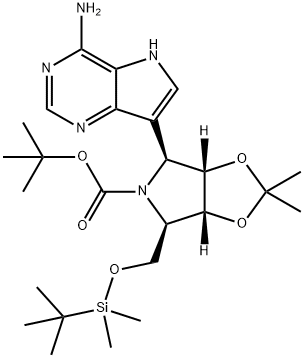 5H-1,3-Dioxolo4,5-cpyrrole-5-carboxylic acid, 4-(4-amino-5H-pyrrolo3,2-dpyrimidin-7-yl)-6-(1,1-dimethylethyl)dimethylsilyloxymethyltetrahydro-2,2-dimethyl-, 1,1-dimethylethyl ester, (3aS,4S,6R,6aR)- 结构式