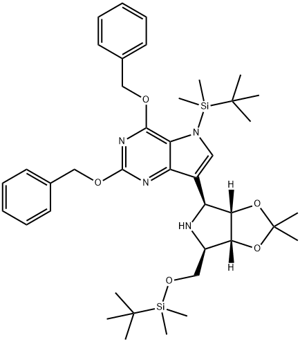 5H-Pyrrolo3,2-dpyrimidine, 5-(1,1-dimethylethyl)dimethylsilyl-7-(3aS,4S,6R,6aR)-6-(1,1-dimethylethyl)dimethylsilyloxymethyltetrahydro-2,2-dimethyl-4H-1,3-dioxolo4,5-cpyrrol-4-yl-2,4-bis(phenylmethoxy)- 结构式