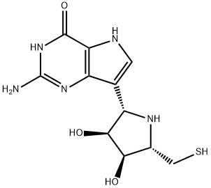 4H-Pyrrolo3,2-dpyrimidin-4-one, 2-amino-7-(2S,3S,4R,5S)-3,4-dihydroxy-5-(mercaptomethyl)-2-pyrrolidinyl-1,5-dihydro- 结构式