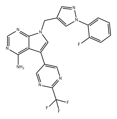 7H-Pyrrolo[2,3-d]pyrimidin-4-amine, 7-[[1-(2-fluorophenyl)-1H-pyrazol-4-yl]methyl]-5-[2-(trifluoromethyl)-5-pyrimidinyl]- 结构式