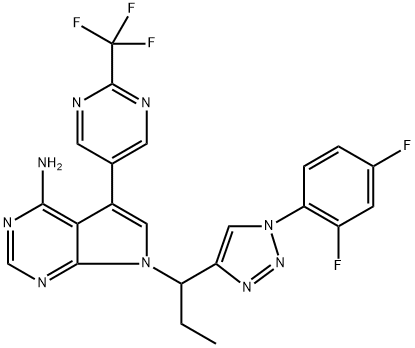 7-(1 -(1 -(2,4-difluorophenyl)-1 H-1,2,3-triazol-4-yl)propyl)-5-(2-(trifluoromethyl)pyrimidin-5-yl)-7H- pyrrolo[2,3-d]pyrimidin-4-amine 结构式