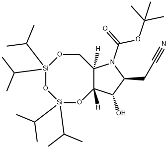 1,3,5,2,4-Trioxadisilocino7,6-bpyrrole-7(6H)-carboxylic acid, 8-(cyanomethyl)tetrahydro-9-hydroxy-2,2,4,4-tetrakis(1-methylethyl)-, 1,1-dimethylethyl ester, (6aR,8S,9S,9aR)- 结构式