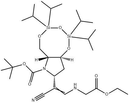 1,3,5,2,4-Trioxadisilocino7,6-bpyrrole-7(6H)-carboxylic acid, 8-1-cyano-2-(2-ethoxy-2-oxoethyl)aminoethenyltetrahydro-2,2,4,4-tetrakis(1-methylethyl)-, 1,1-dimethylethyl ester, (6aR,8R,9aS)- 结构式