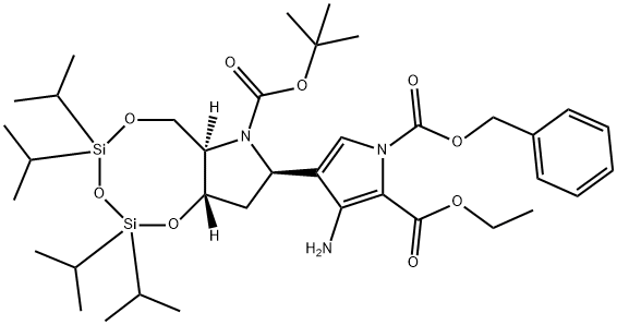 1H-Pyrrole-1,2-dicarboxylic acid, 3-amino-4-(6aR,8R,9aS)-7-(1,1-dimethylethoxy)carbonylhexahydro-2,2,4,4-tetrakis(1-methylethyl)-1,3,5,2,4-trioxadisilocino7,6-bpyrrol-8-yl-, 2-ethyl 1-(phenylmethyl) ester 结构式