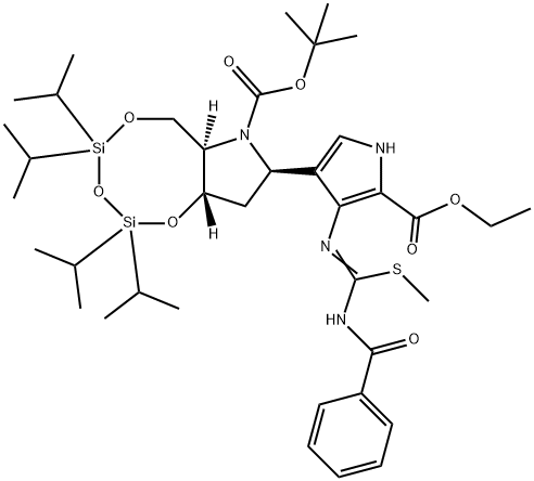 1,3,5,2,4-Trioxadisilocino7,6-bpyrrole-7(6H)-carboxylic acid, 8-4-(benzoylamino)(methylthio)methyleneamino-5-(ethoxycarbonyl)-1H-pyrrol-3-yltetrahydro-2,2,4,4-tetrakis(1-methylethyl)-, 1,1-dimethylethyl ester, (6aR,8R,9aS)- 结构式