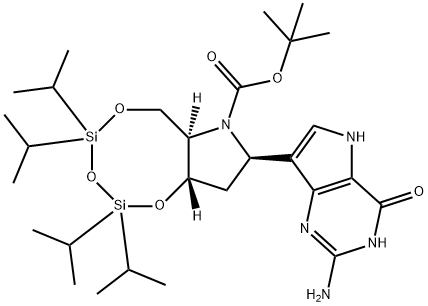 1,3,5,2,4-Trioxadisilocino7,6-bpyrrole-7(6H)-carboxylic acid, 8-(2-amino-4,5-dihydro-4-oxo-1H-pyrrolo3,2-dpyrimidin-7-yl)tetrahydro-2,2,4,4-tetrakis(1-methylethyl)-, 1,1-dimethylethyl ester, (6aR,8R,9aS)- 结构式