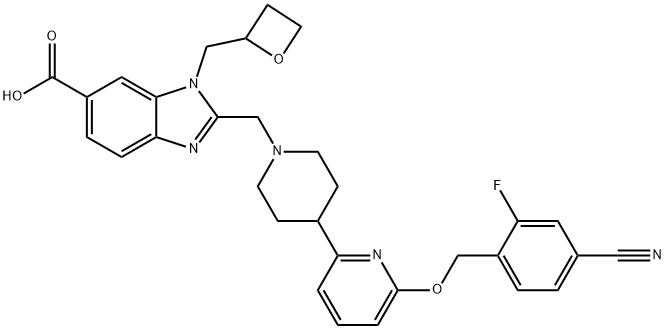 1H-Benzimidazole-6-carboxylic acid, 2-[[4-[6-[(4-cyano-2-fluorophenyl)methoxy]-2-pyridinyl]-1-piperidinyl]methyl]-1-(2-oxetanylmethyl)- 结构式
