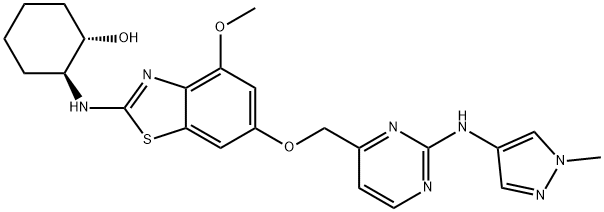 Cyclohexanol, 2-[[4-methoxy-6-[[2-[(1-methyl-1H-pyrazol-4-yl)amino]-4-pyrimidinyl]methoxy]-2-benzothiazolyl]amino]-, (1S,2S)- 结构式