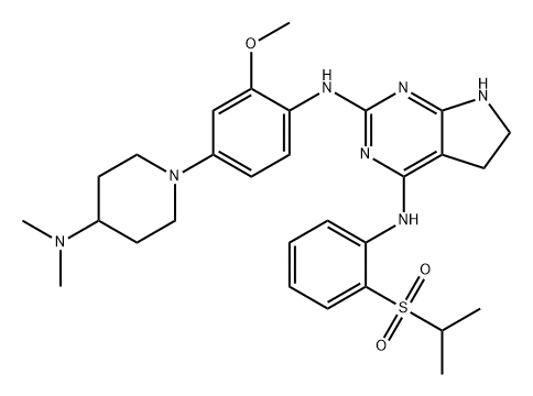 5H-Pyrrolo[2,3-d]pyrimidine-2,4-diamine, N2-[4-[4-(dimethylamino)-1-piperidinyl]-2-methoxyphenyl]-6,7-dihydro-N4-[2-[(1-methylethyl)sulfonyl]phenyl]- 结构式