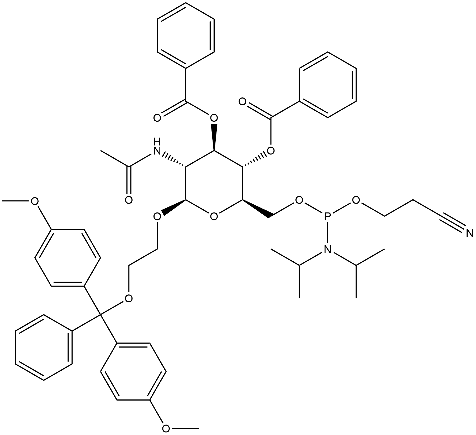 β-D-Glucopyranoside, 2-[bis(4-methoxyphenyl)phenylmethoxy]ethyl 2-(acetylamino)-2-deoxy-, 3,4-dibenzoate 6-[2-cyanoethyl N,N-bis(1-methylethyl)phosphoramidite] 结构式