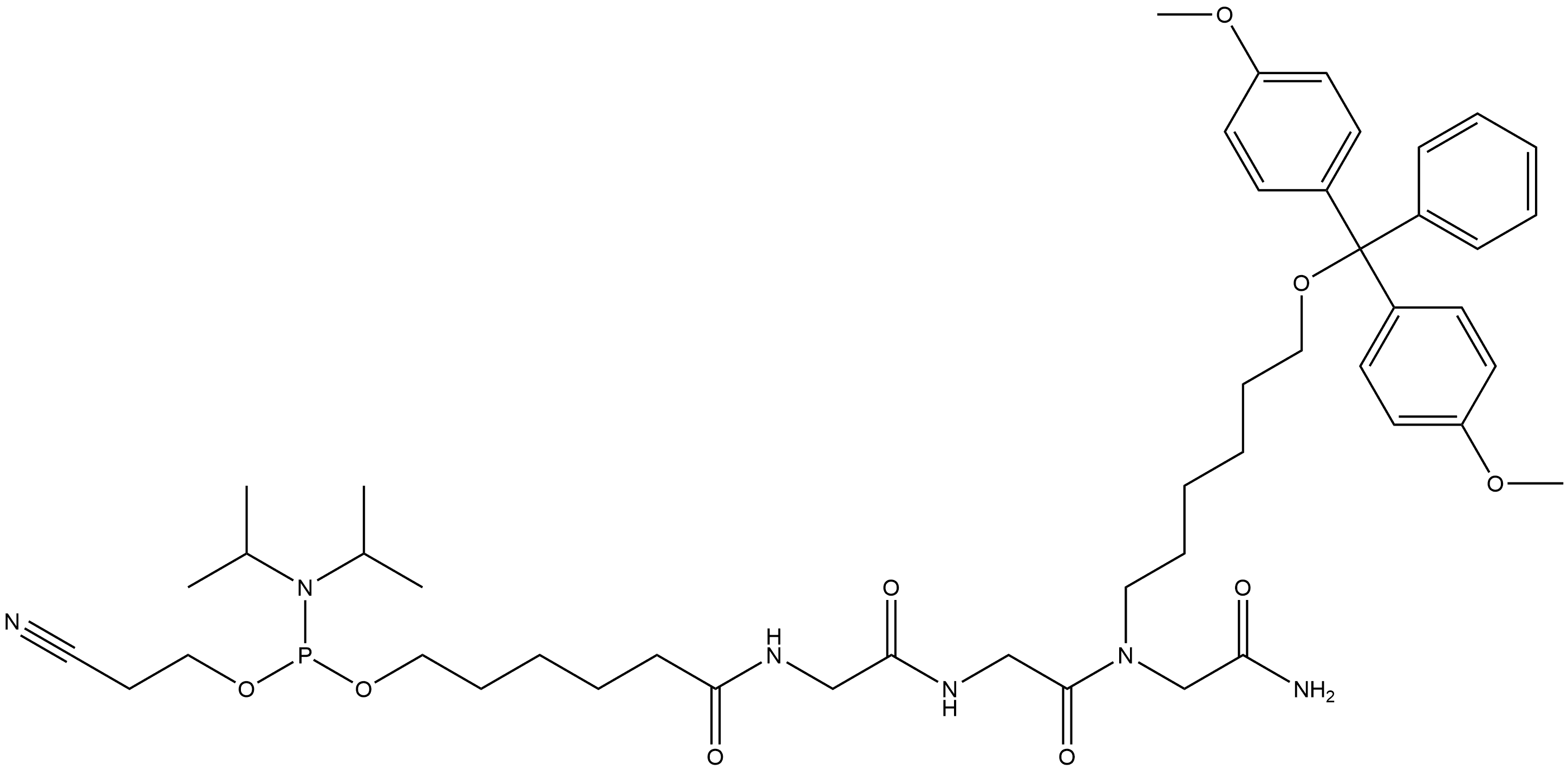 N-[6-[[[Bis(1-methylethyl)amino](2-cyanoethoxy)phosphino]oxy]-1-oxohexyl]glycylglycyl-N-[6-[bis(4-methoxyphenyl)phenylmethoxy]hexyl]glycinamide 结构式