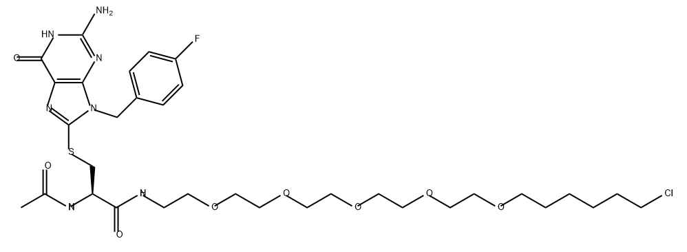 Propanamide, 2-(acetylamino)-3-[[2-amino-9-[(4-fluorophenyl)methyl]-6,9-dihydro-6-oxo-1H-purin-8-yl]thio]-N-(21-chloro-3,6,9,12,15-pentaoxaheneicos-1-yl)-, (2R)- 结构式