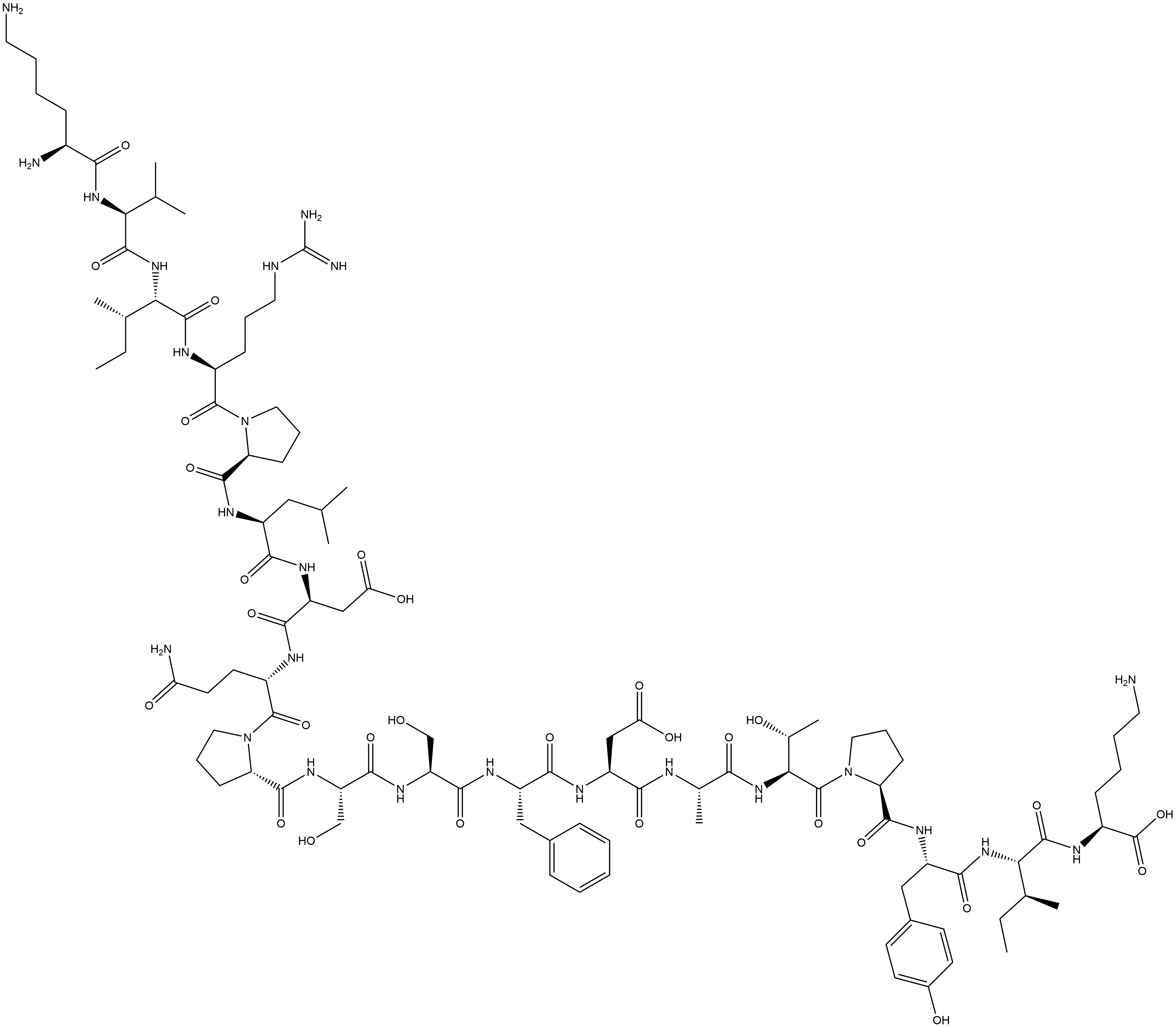 L-Lysine, L-lysyl-L-valyl-L-isoleucyl-L-arginyl-L-prolyl-L-leucyl-L-α-aspartyl-L-glutaminyl-L-prolyl-L-seryl-L-seryl-L-phenylalanyl-L-α-aspartyl-L-alanyl-L-threonyl-L-prolyl-L-tyrosyl-L-isoleucyl- 结构式