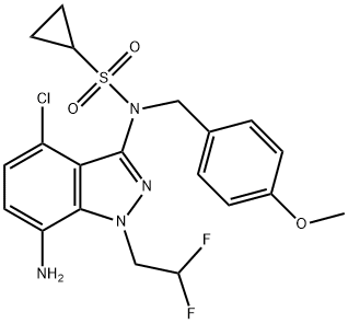 N-(7-氨基-4-氯-1-(2,2-二氟乙基)-1H-吲唑-3-基)-N-(4-甲氧基苄基)环丙烷磺酰胺 结构式