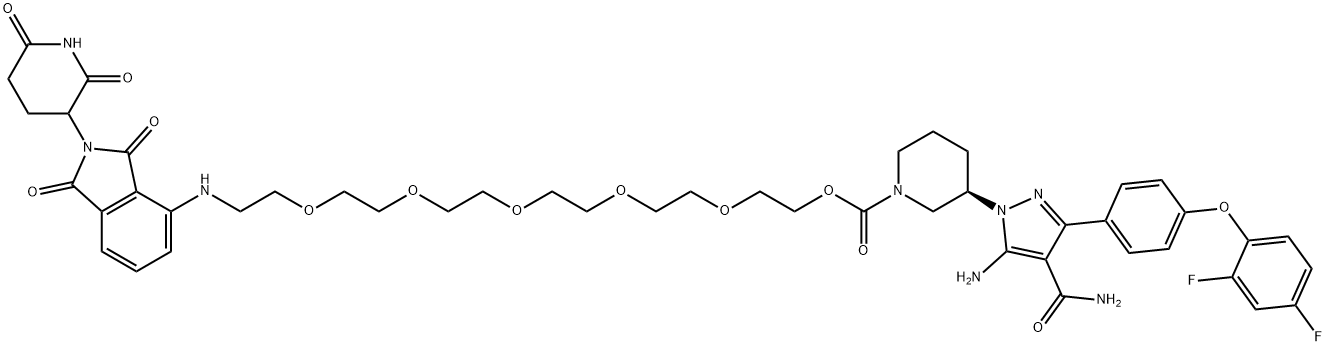 1-?Piperidinecarboxylic acid, 3-?[5-?amino-?4-?(aminocarbonyl)?-?3-?[4-?(2,?4-?difluorophenoxy)?phenyl]?-?1H-?pyrazol-?1-?yl]?-?, 17-?[[2-?(2,?6-?dioxo-?3-?piperidinyl)?-?2,?3-?dihydro-?1,?3-?dioxo-?1H-?isoindol-?4-?yl]?amino]?-?3,?6,?9,?12,?15-?pentaoxaheptadec-?1-?yl ester, (3R)?- 结构式