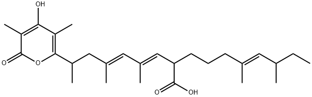 6-Decenoic acid, 2-[(1E,3E)-6-(4-hydroxy-3,5-dimethyl-2-oxo-2H-pyran-6-yl)-2,4-dimethyl-1,3-heptadien-1-yl]-6,8-dimethyl-, (6E)- 结构式