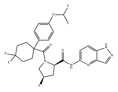 2-Pyrrolidinecarboxamide, 1-[[1-[4-(difluoromethoxy)phenyl]-4,4-difluorocyclohexyl]carbonyl]-4-fluoro-N-1H-pyrazolo[4,3-b]pyridin-5-yl-, (2R,4R)- 结构式