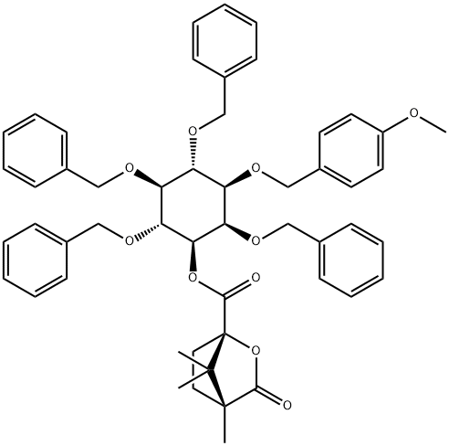 D-myo-Inositol, 1-O-(4-methoxyphenyl)methyl-2,4,5,6-tetrakis-O-(phenylmethyl)-, (1S,4R)-4,7,7-trimethyl-3-oxo-2-oxabicyclo2.2.1heptane-1-carboxylate 结构式