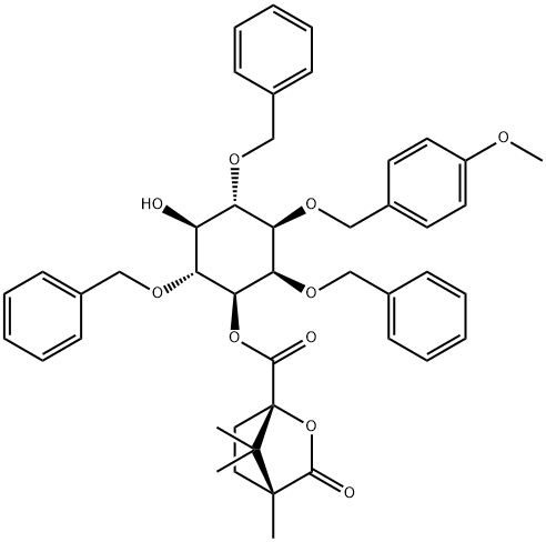 D-myo-Inositol, 1-O-(4-methoxyphenyl)methyl-2,4,6-tris-O-(phenylmethyl)-, 3-(1S,4R)-4,7,7-trimethyl-3-oxo-2-oxabicyclo2.2.1heptane-1-carboxylate 结构式