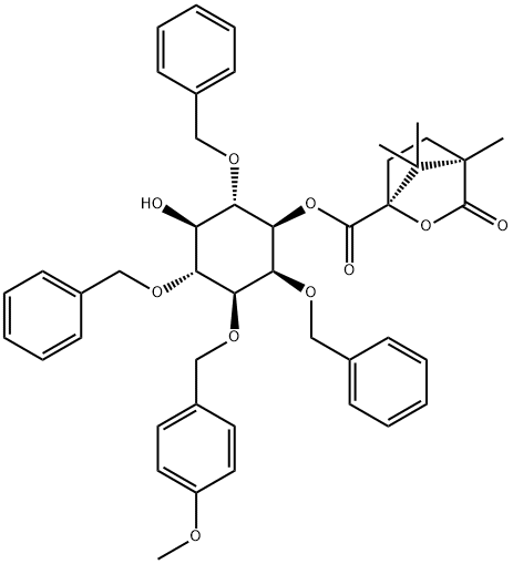 D-myo-Inositol, 3-O-(4-methoxyphenyl)methyl-2,4,6-tris-O-(phenylmethyl)-, 1-(1S,4R)-4,7,7-trimethyl-3-oxo-2-oxabicyclo2.2.1heptane-1-carboxylate 结构式