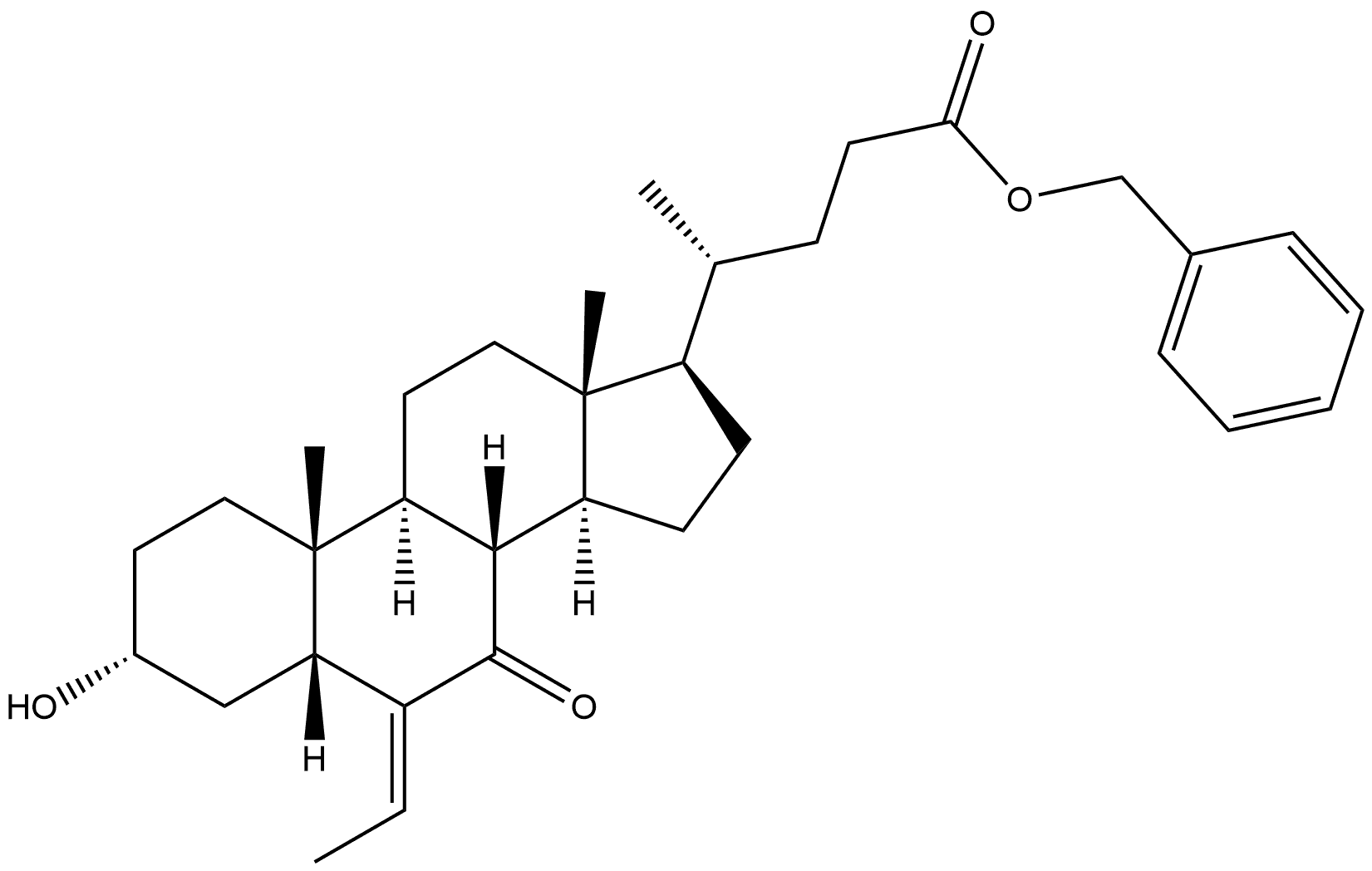 Cholan-24-oic acid, 6-ethylidene-3-hydroxy-7-oxo-, phenylmethyl ester, (3α,5β,6E)- 结构式