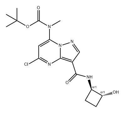 Carbamic acid, N-[5-chloro-3-[[[(1R,2R)-2-hydroxycyclobutyl]amino]carbonyl]pyrazolo[1,5-a]pyrimidin-7-yl]-N-methyl-, 1,1-dimethylethyl ester, rel- 结构式