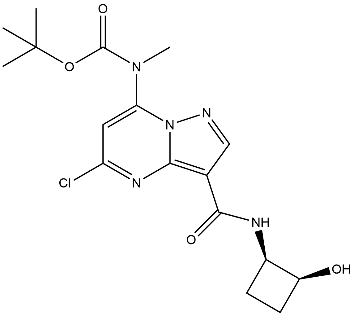 rel-1,1-Dimethylethyl N-[5-chloro-3-[[[(1R,2S)-2-hydroxycyclobutyl]amino]carbonyl]pyrazolo[1,5-a]pyrimidin-7-yl]-N-methylcarbamate 结构式
