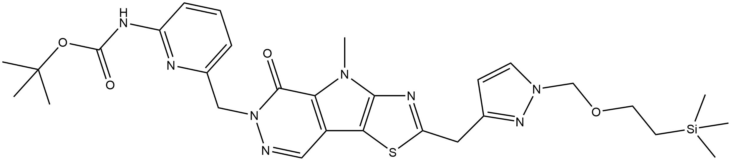 tert-butyl (6-((4-methyl-5-oxo-2-((1-((2-(trimethylsilyl)ethoxy)methyl)-1H-pyrazol-3-yl)methyl)-4,5-dihydro-6H-thiazolo[5',4':4,5]pyrrolo[2,3-d]pyridazin-6-yl)methyl)pyridin-2-yl)carbamate 结构式