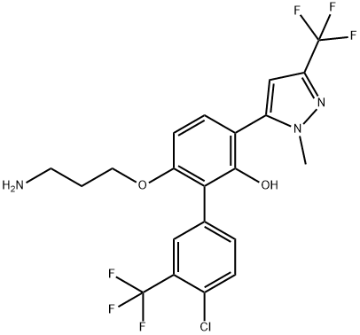 [1,1'-Biphenyl]-2-ol, 6-(3-aminopropoxy)-4'-chloro-3-[1-methyl-3-(trifluoromethyl)-1H-pyrazol-5-yl]-3'-(trifluoromethyl)- 结构式