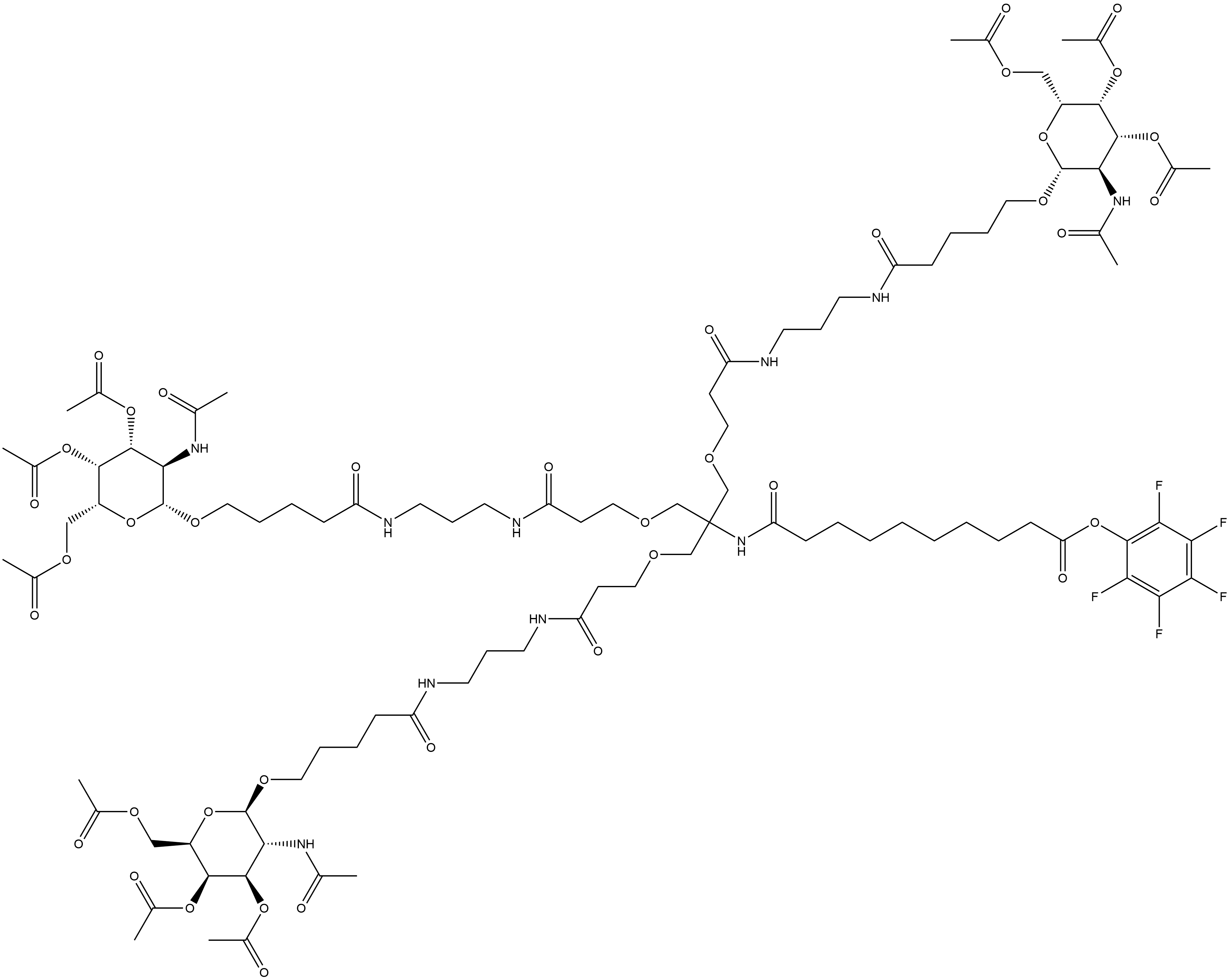 2,3,4,5,6-Pentafluorophenyl 10,17,23-trioxo-12,12-bis[[3-oxo-3-[[3-[[1-oxo-5-[[3,4,6-tri-O-acetyl-2-(acetylamino)-2-deoxy-β-D-galactopyranosyl]oxy]pentyl]amino]propyl]amino]propoxy]methyl]-27-[[3,4,6-tri-O-acetyl-2-(acetylamino)-2-deoxy-β-D-galactopyranosyl]oxy]-14-oxa-11,18,22-triazaheptacosanoate 结构式