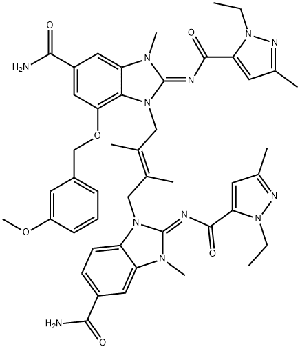 1H-Benzimidazole-5-carboxamide, 1-[(2E)-4-[(2E)-5-(aminocarbonyl)-2-[[(1-ethyl-3-methyl-1H-pyrazol-5-yl)carbonyl]imino]-2,3-dihydro-3-methyl-1H-benzimidazol-1-yl]-2,3-dimethyl-2-buten-1-yl]-2-[[(1-ethyl-3-methyl-1H-pyrazol-5-yl)carbonyl]imino]-2,3-dihydro-7-[(3-methoxyphenyl)methoxy]-3-methyl-, (2E)- 结构式