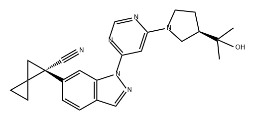 Spiro[2.2]pentane-1-carbonitrile, 1-[1-[6-[(3R)-3-(1-hydroxy-1-methylethyl)-1-pyrrolidinyl]-4-pyrimidinyl]-1H-indazol-6-yl]-, (1S)- 结构式